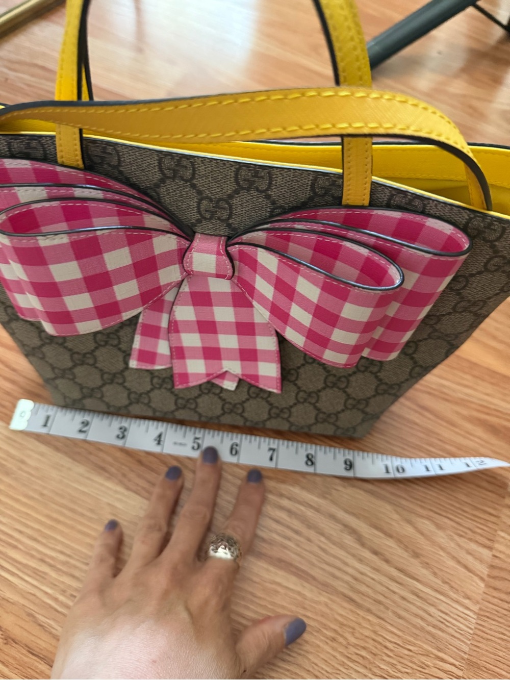 Designer-Inspired Pink Gingham Bow Tote with Yellow Handles